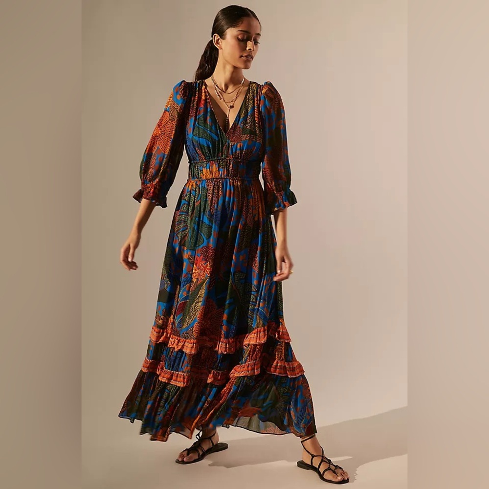 FARM RIO X ANTHROPOLOGIE Women’s Multicolor Floral Maxi Dress - Blue & Rust